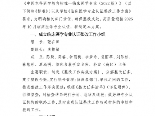 湖南医药学院第一附属医院（第一临床学院）临床医学专业认证整改工作实施方案